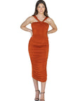 Womens Halter Cross Neck Ruched Bodycon Mid Dress