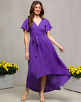 24seven Comfort Apparel Womens V Neck Belted Faux Wrap High Low Dress