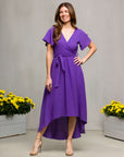 24seven Comfort Apparel Womens V Neck Belted Faux Wrap High Low Dress