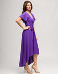 24seven Comfort Apparel Womens V Neck Belted Faux Wrap High Low Dress