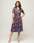 24seven Comfort Apparel Brown and Pink Print Short Sleeve Tie Waist Midi Dress