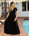 Womens Flutter Sleeve Metallic Knit Maxi Dress Front Slit Empire Waist