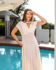 Womens Flutter Sleeve Metallic Knit Maxi Dress Front Slit Empire Waist