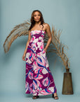 24seven Comfort Apparel Womens Purple Floral A Line Strapless Maxi Dress With Pockets