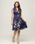 24seven Comfort Apparel Womens Navy Print Short Sleeve Knee Length V Neck Wrap Dress