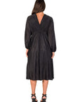 Shimmer Pleated V Neck Empire Waist Bishop Sleeve Midi Dress