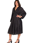 Shimmer Pleated V Neck Empire Waist Bishop Sleeve Midi Dress