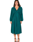 Shimmer Pleated V Neck Empire Waist Bishop Sleeve Midi Dress