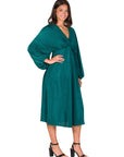 Shimmer Pleated V Neck Empire Waist Bishop Sleeve Midi Dress