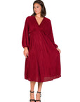 Shimmer Pleated V Neck Empire Waist Bishop Sleeve Midi Dress