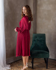 Shimmer Pleated V Neck Empire Waist Bishop Sleeve Midi Dress