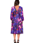 Multicolor Pleated V Neck Empire Waist Bishop Sleeve Midi Dress