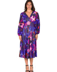 Multicolor Pleated V Neck Empire Waist Bishop Sleeve Midi Dress