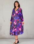 Multicolor Pleated V Neck Empire Waist Bishop Sleeve Midi Dress