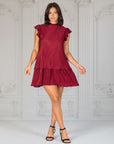 Ruffle Cap Sleeve High Neck Pleated Tiered Mini Dress