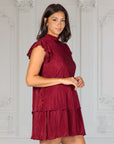 Ruffle Cap Sleeve High Neck Pleated Tiered Mini Dress