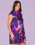 Multicolor Ruffle Cap Sleeve High Neck Tiered Mini Dress