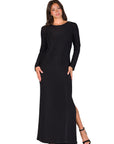 Fitted Long Sleeve Shimmery Fabric Side Slit Maxi Dress