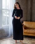 Fitted Long Sleeve Shimmery Fabric Side Slit Maxi Dress
