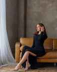 Fitted Long Sleeve Shimmery Fabric Side Slit Maxi Dress