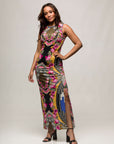24seven Comfort Apparel Womens Geometric Floral Print Sleeveless Side Slit Maxi Dress