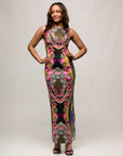 24seven Comfort Apparel Womens Geometric Floral Print Sleeveless Side Slit Maxi Dress