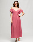 24seven Comfort Apparel Womens Cold Sholder Ruffle Sleeve A Line Maxi Dress