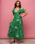 24seven Comfort Apparel Womens Green Floral Cold Sholder Ruffle Sleeve A Line Maxi Dress