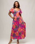 24seven Comfort Apparel Womens Pink Paisley Cold Sholder Ruffle Sleeve A Line Maxi Dress