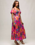 24seven Comfort Apparel Womens Pink Paisley Cold Sholder Ruffle Sleeve A Line Maxi Dress