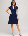 24seven Comfort Apparel Womens Mandarin Collar Knee Length Wrap Dress