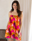 24seven Comfort Apparel Multicolor Square Neck Spaghetti Strap Smocked Pockets Mini Dress