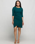 24seven Comfort Apparel Three Quarter Sleeve Ruched Tulip Hem Mini Dress
