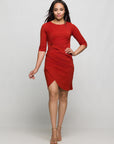 24seven Comfort Apparel Three Quarter Sleeve Ruched Tulip Hem Mini Dress
