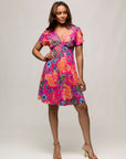 24seven Comfort Apparel Womens Pink Paisley V Neck Empire Waist Knee Length Dress