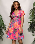 24seven Comfort Apparel Womens Pink Paisley V Neck Empire Waist Knee Length Dress