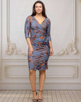 Grey Print Three Quarter Sleeve Faux Wrap Dress