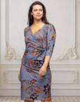Grey Print Three Quarter Sleeve Faux Wrap Dress