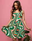 24seven Comfort Apparel Womens Green Print Sleeveless Knee Length Tank Swing Dress