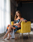 Black Floral Three Quarter Sleeve Side Slit Maxi Dress