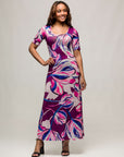 24seven Comfort Apparel Womens Purple Floral Print Elbow Sleeve Casual A Line Maxi Dress