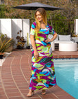 Womens Multicolor Floral Print Elbow Sleeve Casual A Line Maxi Dress