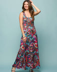 24seven Comfort Apparel Womens Pink and Brown Print Scoop Neck A Line Sleeveless Maxi Dress
