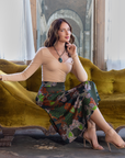 Green Print Elastic Waist Pocket Midi Skirt