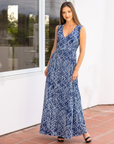 Womens Navy Abstract Print V Neck Empire Waist Sleeveless Maxi Dress