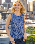 Womens Navy Print Pleated Crew Neckline Back Closure Sleeveless Top