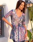Purple Paisley Print Elbow Sleeve V Neck Henley Tunic Top