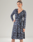 Grey Long Sleeve Knee Length Faux Wrap Dress