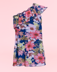 Girls Blue Floral One Shoulder Ruffle Knee Length Dress