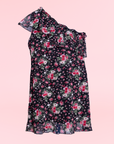 Girls Black Floral One Shoulder Ruffle Knee Length Dress